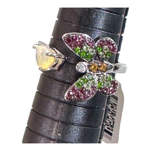 Butterfly Opal & Multicolor Rhinestone Gemstone Open Sterling Silver Ring Size 9 - Picture 10 of 10